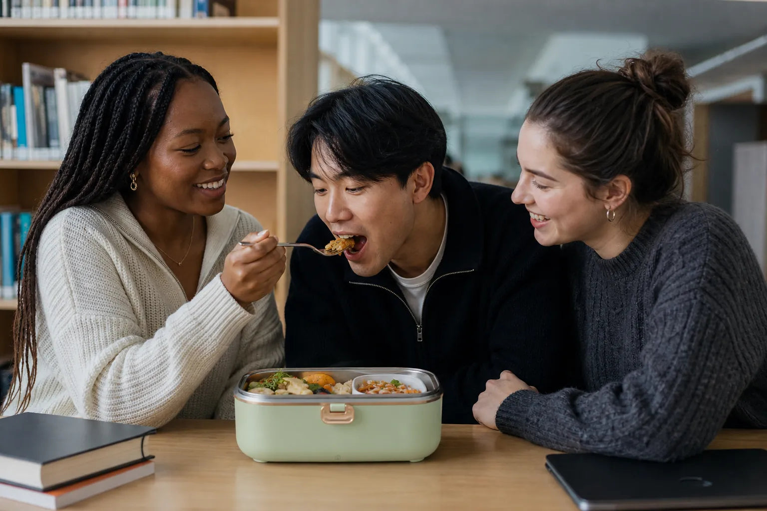 Étudiante offrant une bouchée à un camarade depuis une lunchbox vert sauge ouverte dans une bibliothèque.