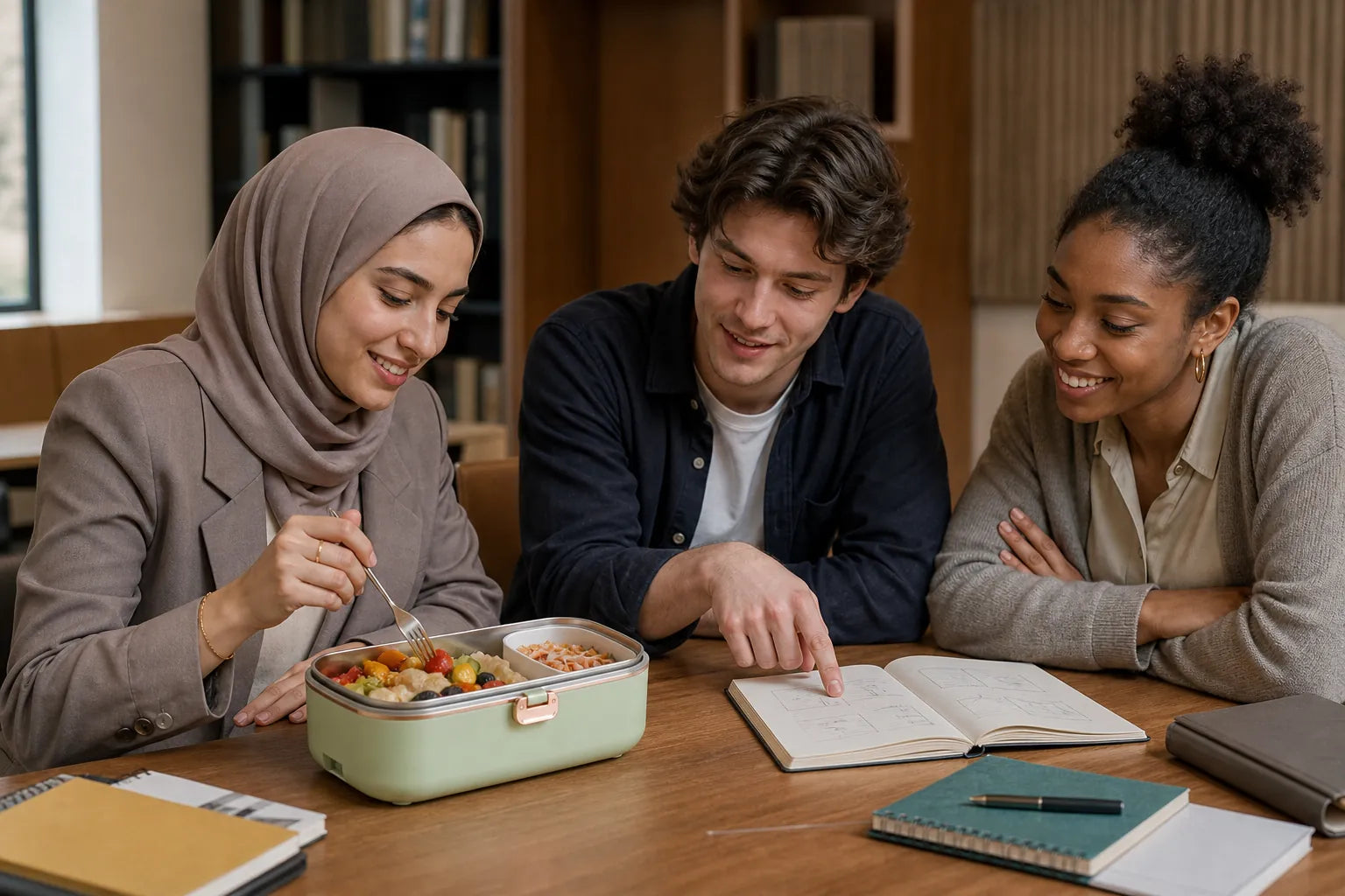 Jeune femme portant un hijab mangeant avec deux collègues depuis une lunchbox vert sauge ouverte dans un espace de coworking.