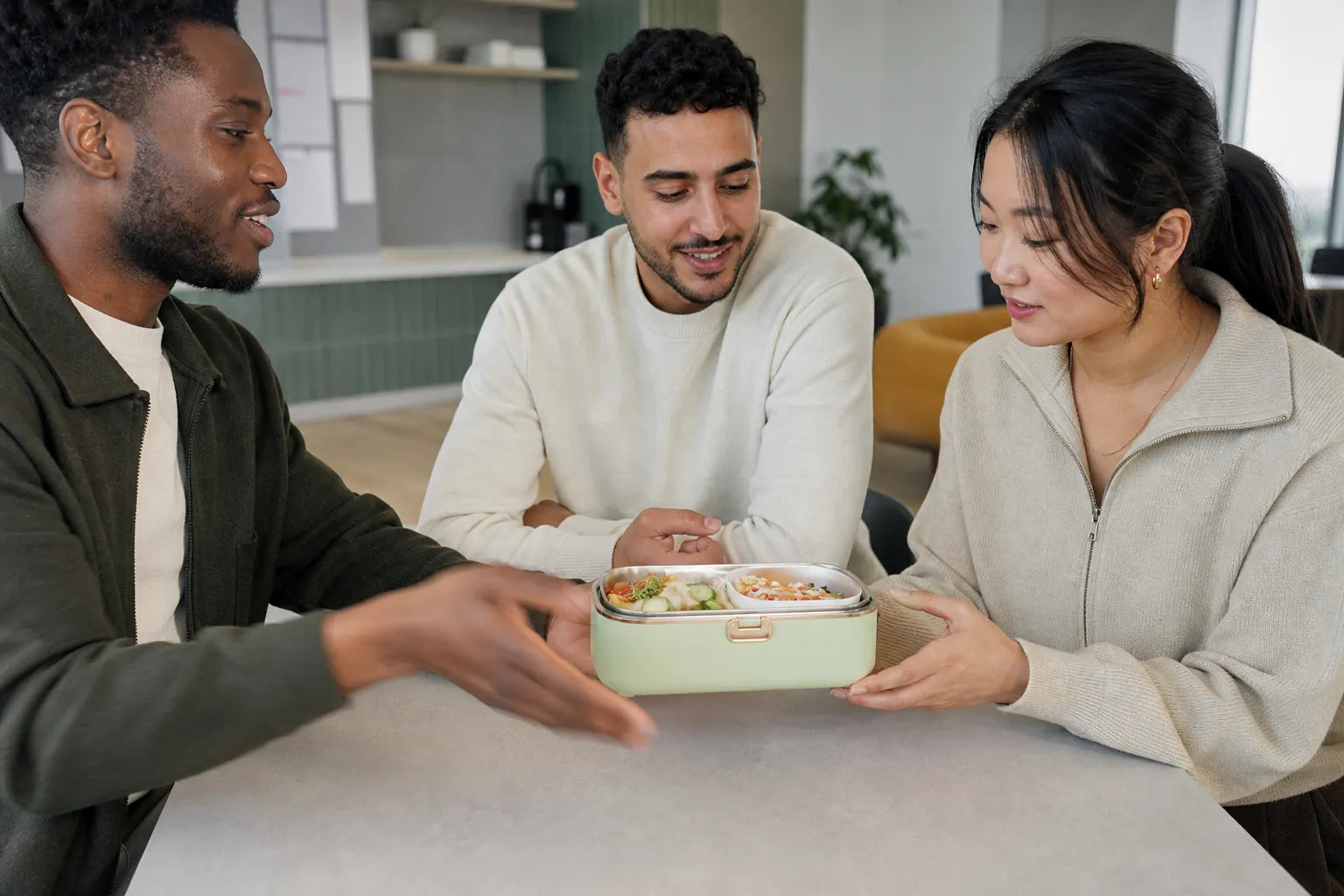 Jeune actif présentant une lunchbox vert sauge ouverte à deux collègues dans un espace de coworking.
