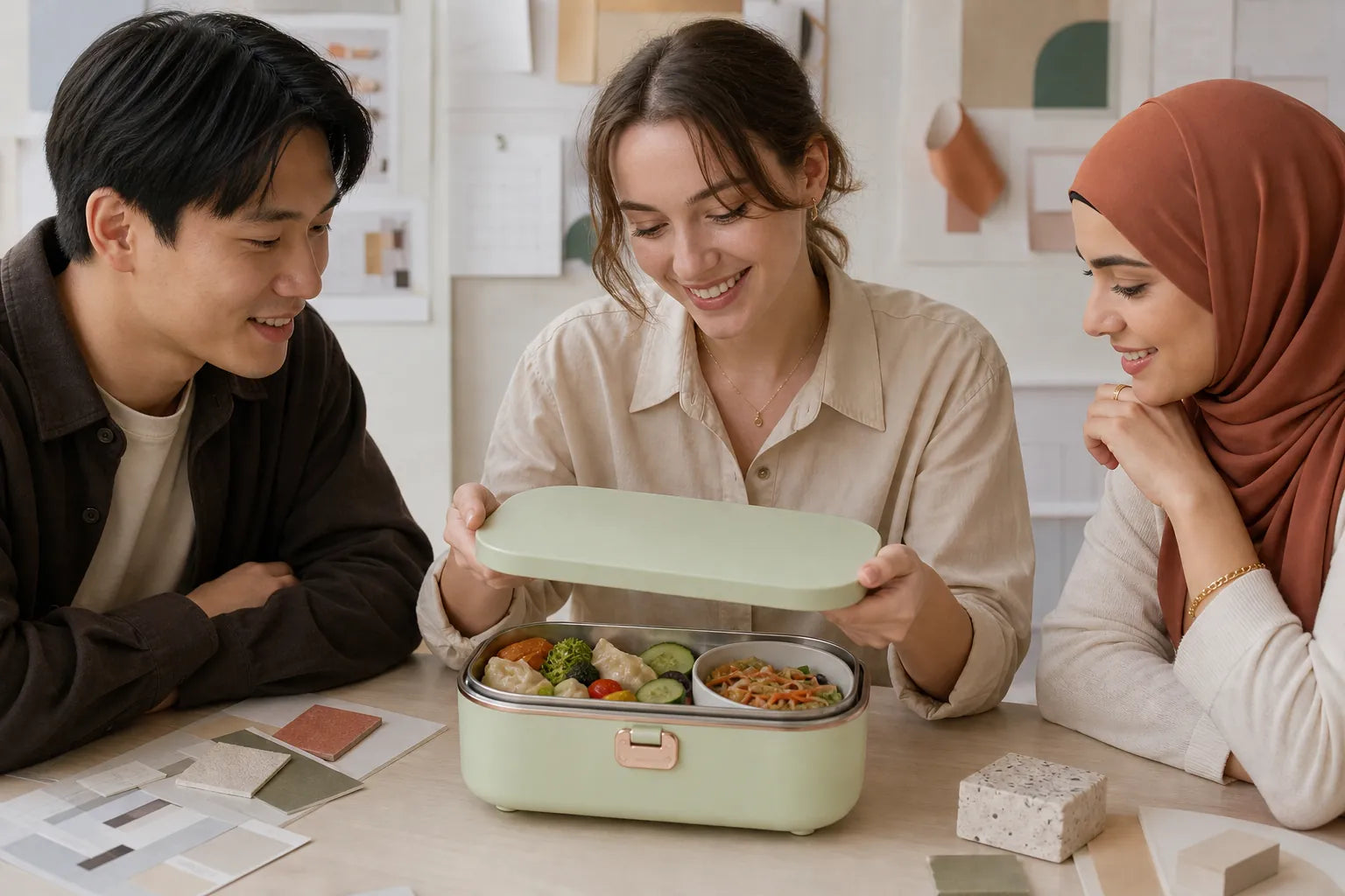Jeunes collègues découvrant ensemble le repas d’une lunchbox vert sauge ouverte dans un studio créatif.