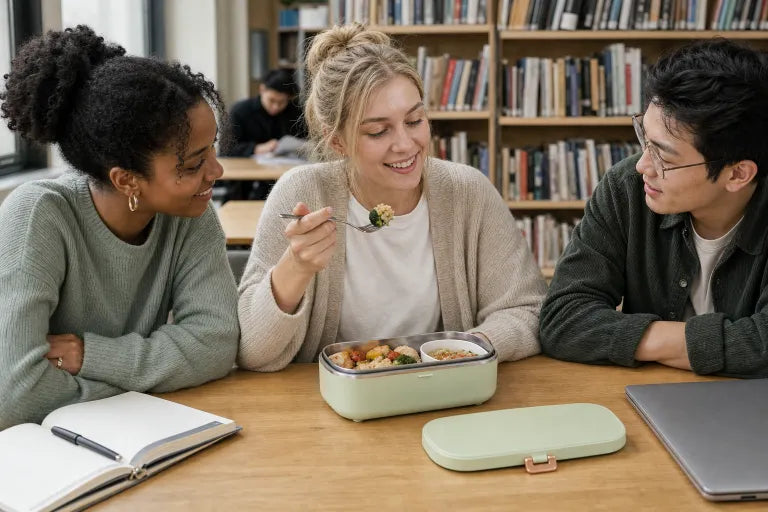 Étudiante blonde mangeant avec deux camarades depuis une lunchbox vert sauge ouverte dans une bibliothèque universitaire.