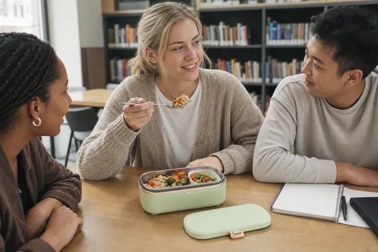 Jeune femme blonde mangeant avec deux camarades depuis une lunchbox vert sauge ouverte dans une bibliothèque universitaire.