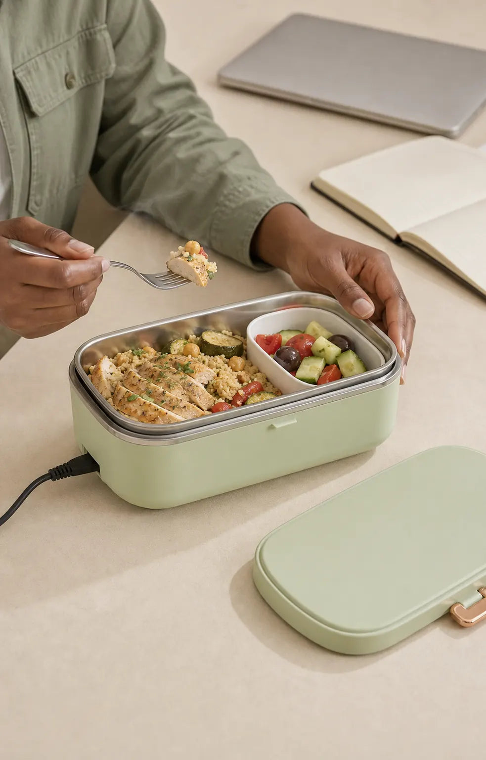 Lunchbox claire ouverte et branchée, avec repas, couvercle et mains visibles.