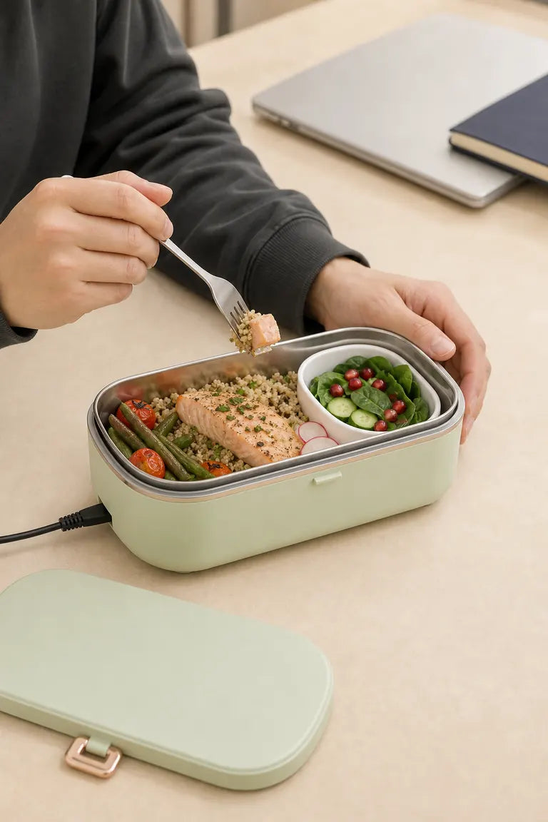 Lunchbox claire ouverte et branchée, avec repas, couvercle et mains visibles.