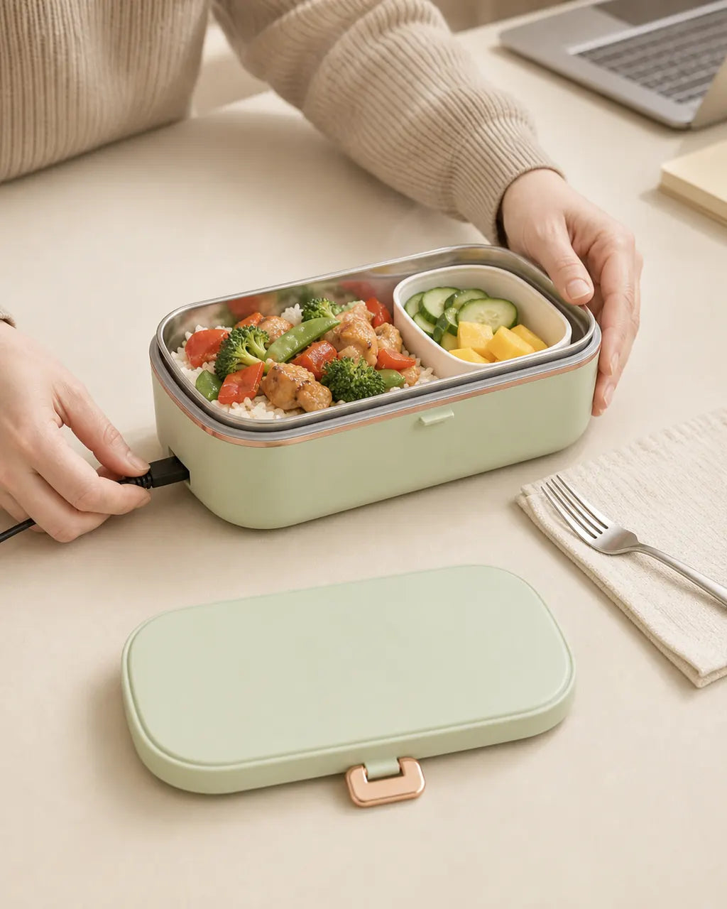 Mains branchant une lunchbox vert sauge ouverte contenant un repas de poulet, riz et légumes.