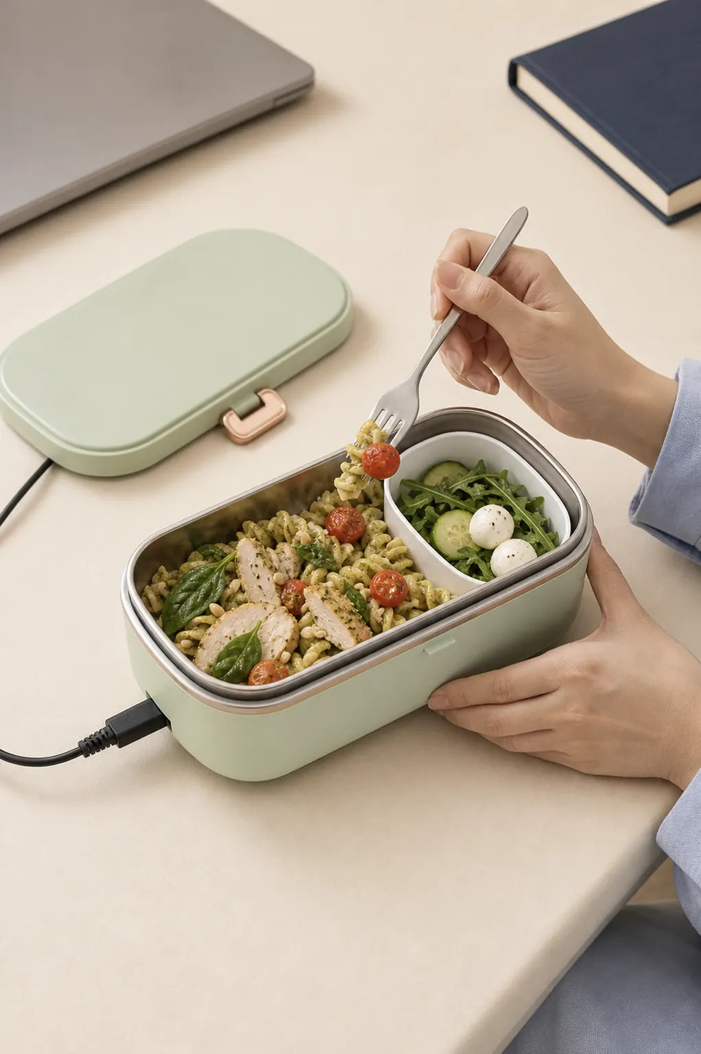Lunchbox claire ouverte et branchée contenant des pâtes au pesto, du poulet et une salade.