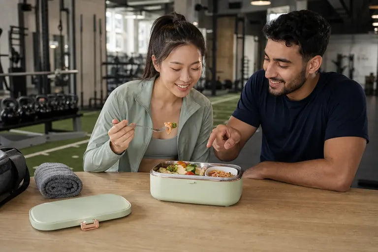 Jeune femme mangeant avec un ami depuis une lunchbox vert sauge ouverte dans une salle de sport.