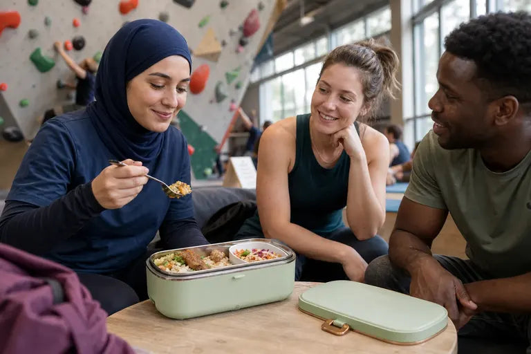 Jeune femme portant un hijab mangeant avec deux amis depuis une lunchbox vert sauge ouverte dans une salle d’escalade.